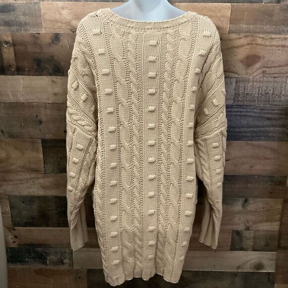 AFRM Sweater Tunic Chunky Cable Knit V Neck Tan Sand Boston Long Oversized XS/S - Picture 9 of 10
